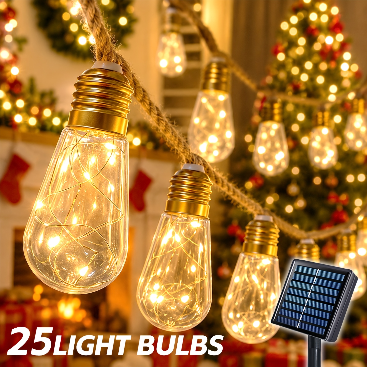 TEMU Guirlandes Lumineuses Solaires de Jardin, 25/10 Lampes à Fil Vintage, 8 d'Éclairage, Guirlandes Solaires pour Décoration de Noël Intérieure et