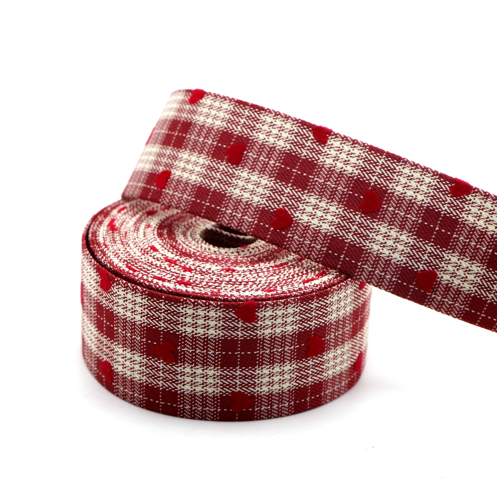 Image of 1 Roll Vintage Red Gingham Fabric Ribbon - 4.57m Checkered Roll With 3d Heart Pattern, Ideal For Christmas, Valentine's Day, Crafts, Gift Wrapping