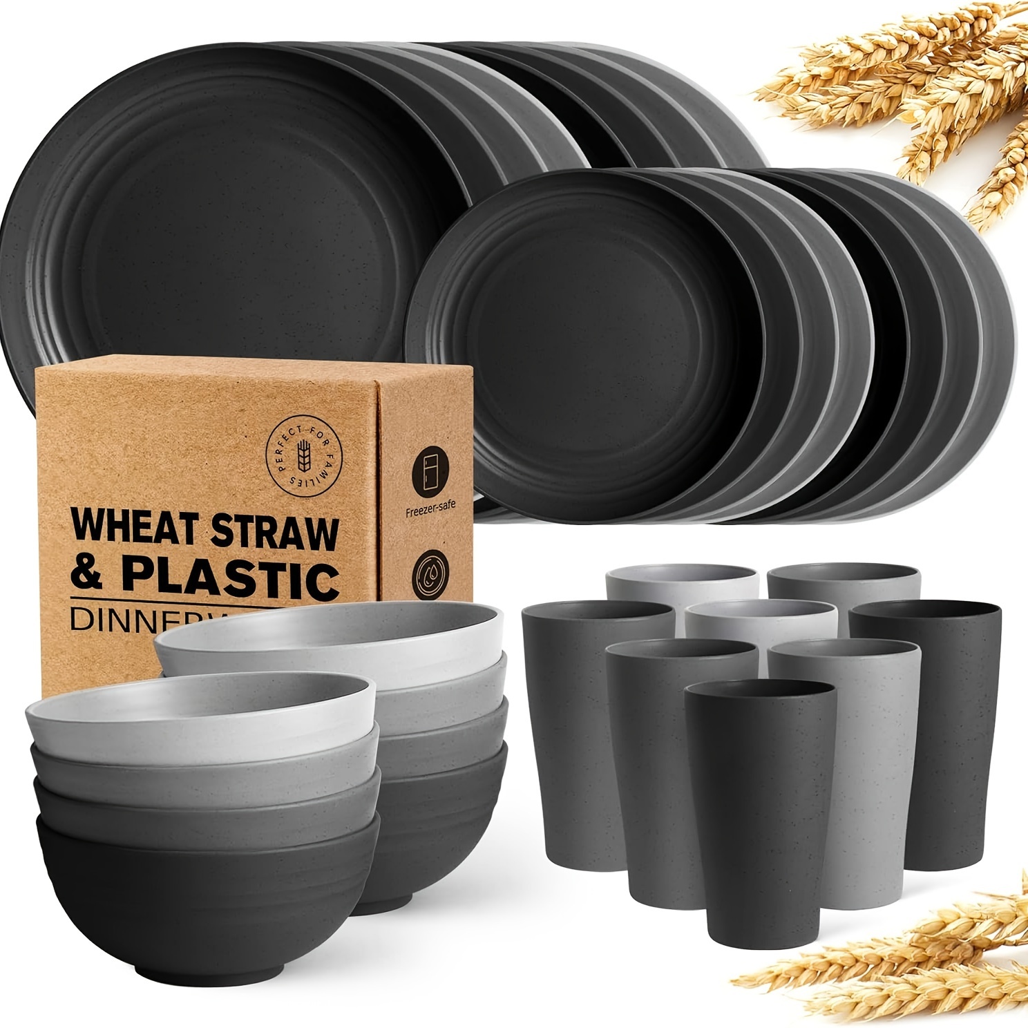 

Teivio 32-piece Kitchen Plastic Wheat Straw Dinnerware Set, Service For 8, Dinner Plates, Dessert Plate, Cereal Bowls, Cups, Unbreakable Colorful Plastic Outdoor Camping Dishes, Gray Ombre