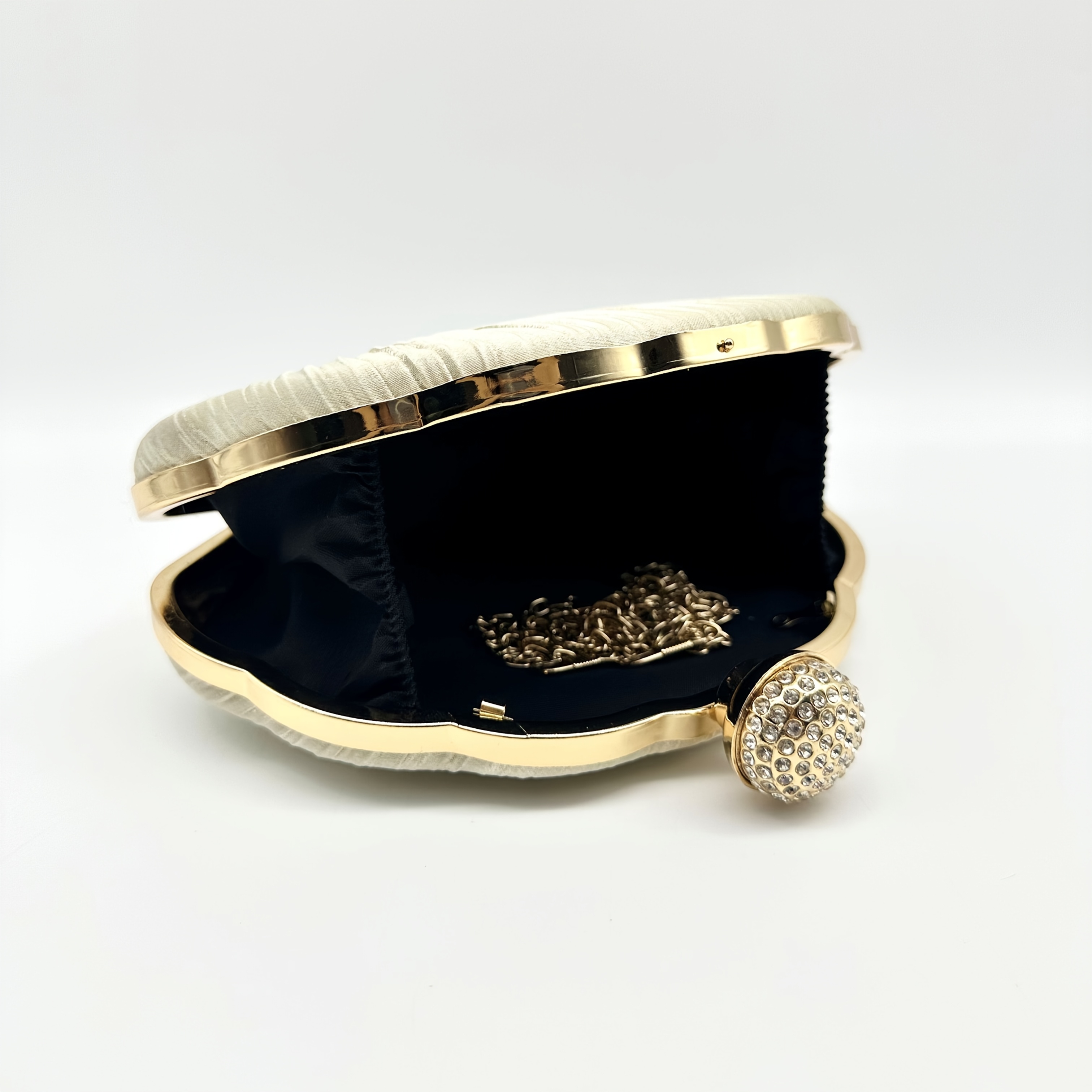 Seashell Pleated Satin Evening Bag with Rhinestone Closure