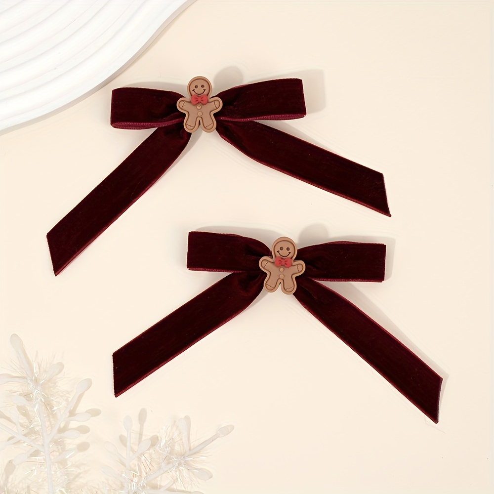 

2pcs Cute Gingerbread For Man Bow Hair Clips For Girls - Non-slip, Festive Red Polyester Accessories - Perfect Christmas Gift