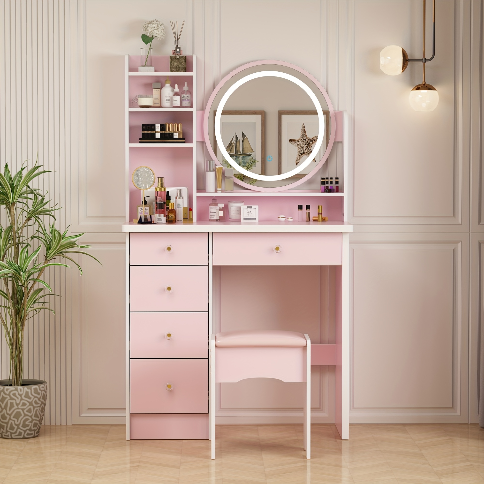 TEMU Table de Maquillage Moderne Rose 53,1" avec LED, Étagères Ouvertes, Tabouret Rembourré et Tiroirs de Rangement, Table de Toilette Compacte pour