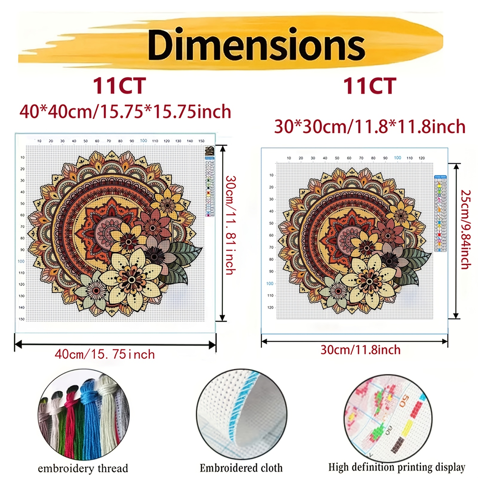 DIY Cross Stitch Print Kit, Frameless, Round Floral Decorative Pattern