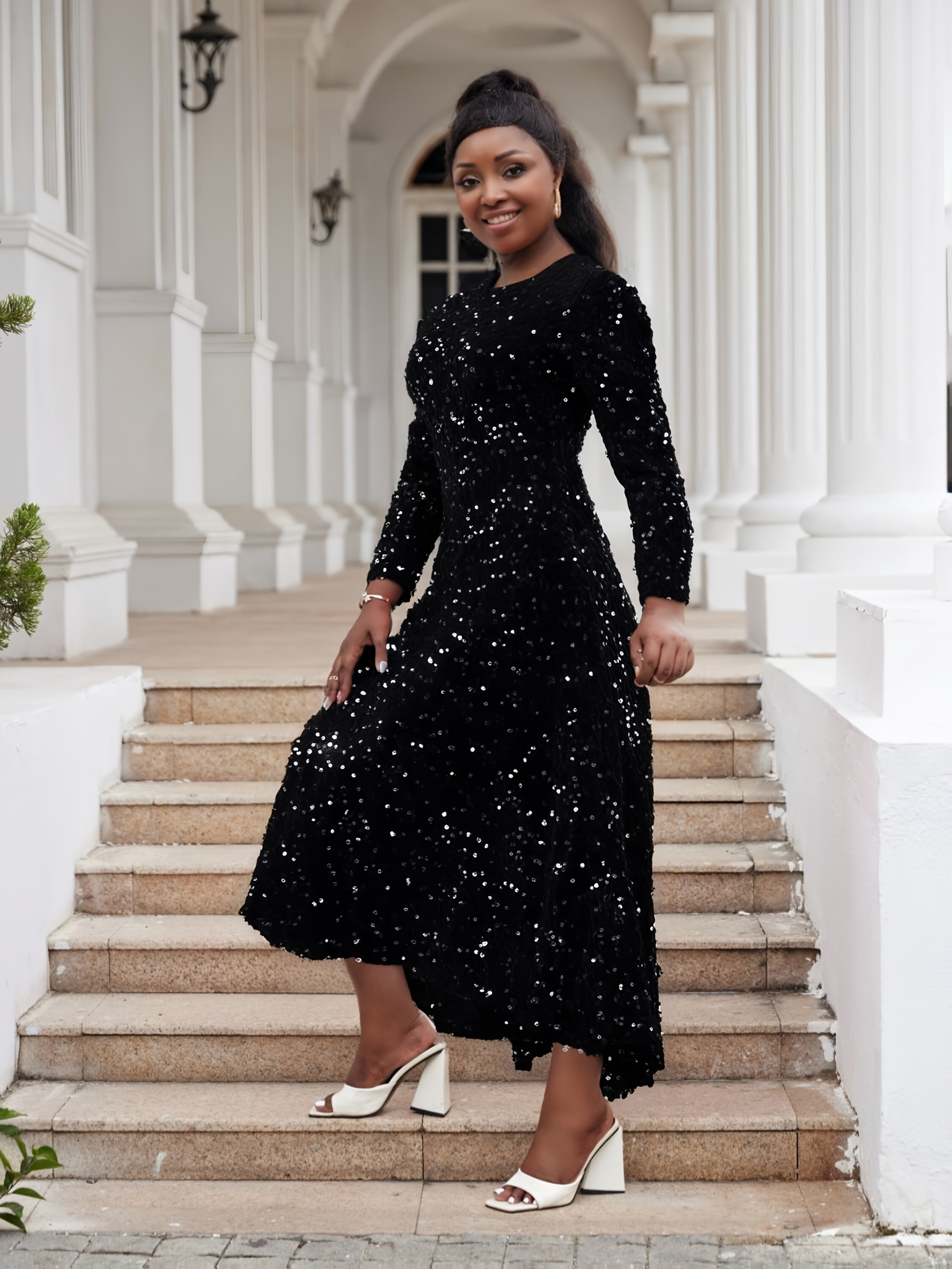 navy blue dress for baby girl CASSIE LIZ Womens Winter Dresses Plus Size 3X Long Sleeve Boho Square Neck  Bubble Sleeve Brown Flowing Maxi Dresses Holiday Wedding Date Guest 3XL 22W