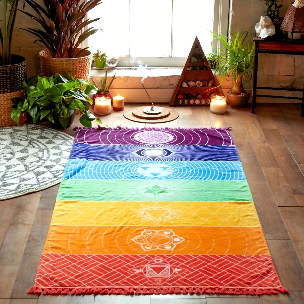 Spiritual Rainbow Fringe Beach Towel - Contemporary Geometric Pattern, Super , Rectangular Shape, Cartoon Theme, (hook ), 110g/㎡, Polyester