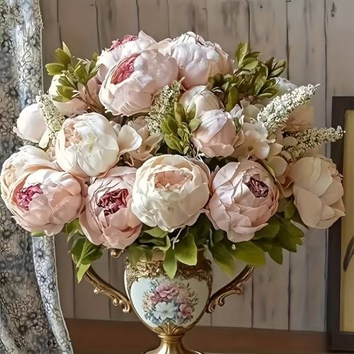 17 inch realistic artificial bouquet with 13 pink beige peonies foliage fade resistant plastic wedding valentine office decor suitable for home events no vase included