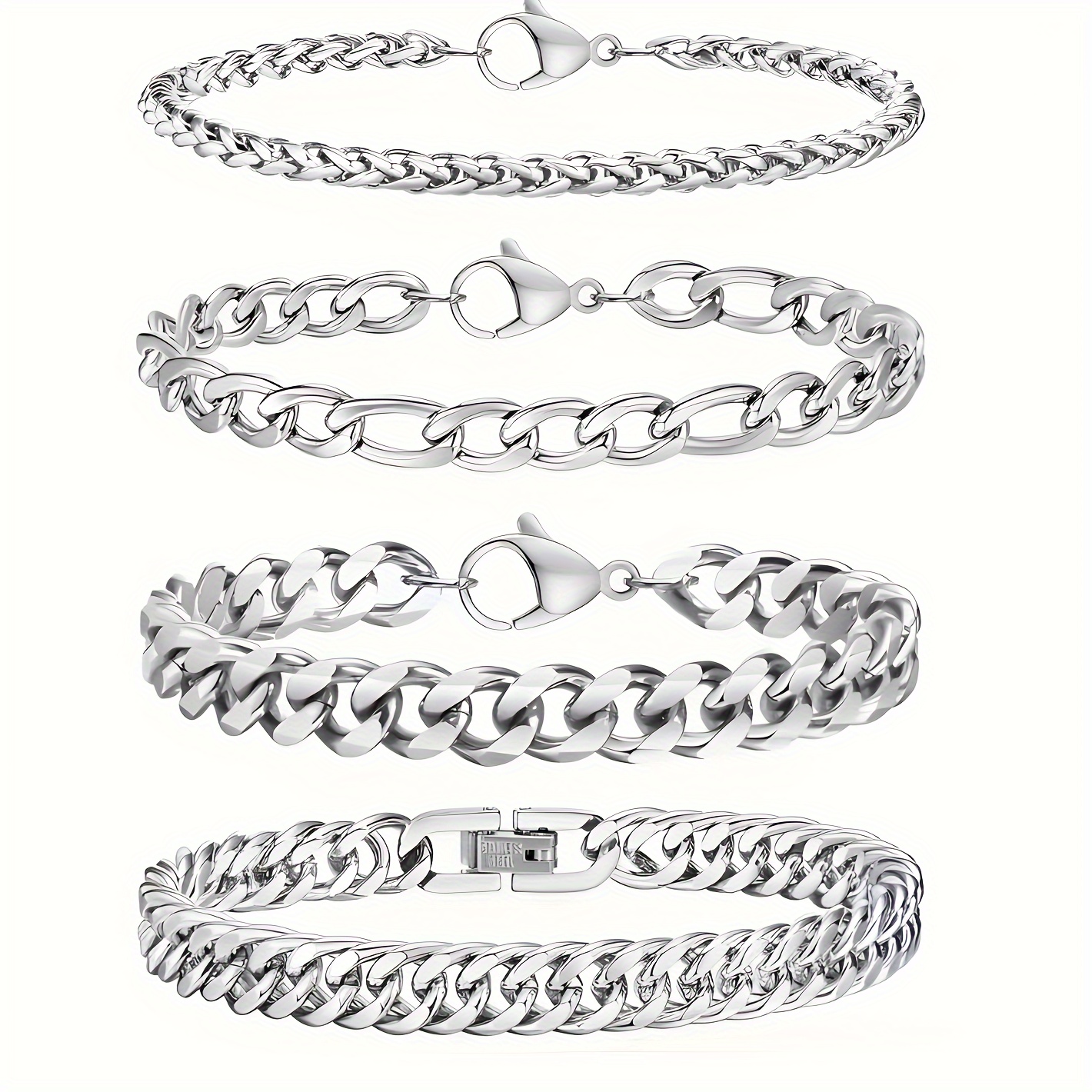 

4-piece Set Of Men's And Women's Bracelets - Sturdy Stainless Steel Wide Cuban Bracelet Set For Men's And Women's, 6.69/7.5/8.2/9 Inches