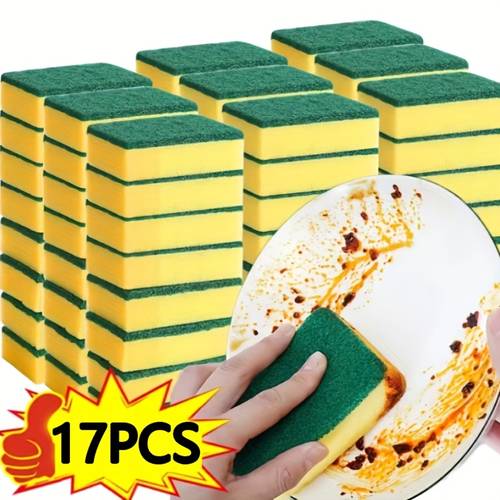 17pcs heavy duty scrub sponges dual sided kitchen cleaning sponges non scratch dishwashing sponges with soft absorbent sponge abrasive scrub pad for pots pans sink dishes household kitchen cleaning