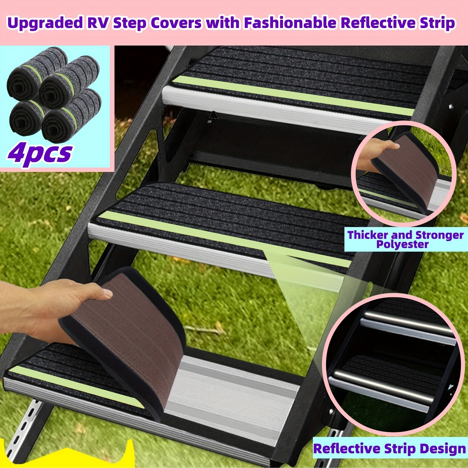 

Upgraded Rv Step Covers With Fashionable Reflective Strip, 4 Pack Camper Stair Cover Rug Carpet For Travel Trailers (black)