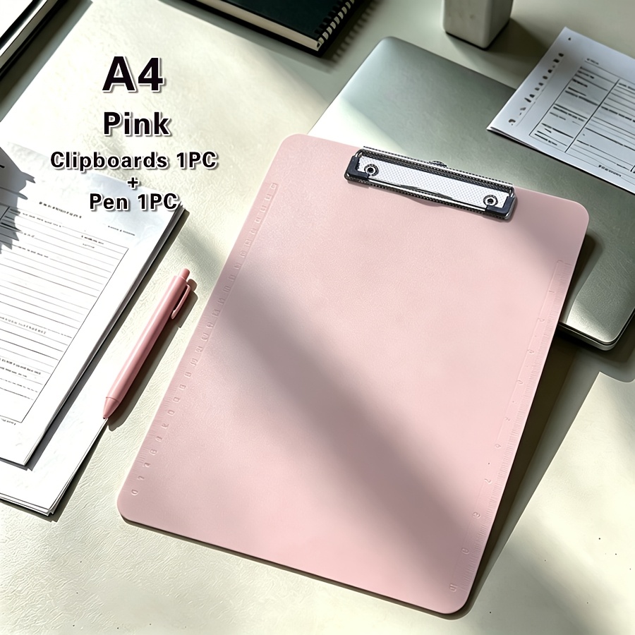 TEMU A4 Pastel Macaron Clipboard Stationery Set With Matching Gel Pen, Plastic Writing Folder With Built- Ruler, Office School Student Desk Supplies,
