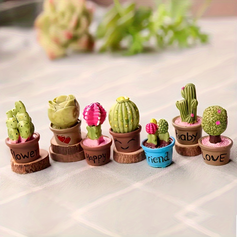 

7pcs Miniature Succulent & Cactus Fairy Garden Set - Resin Ornaments With Words, Perfect For Micro Landscapes, Desk Decor, And Cake Toppers Fairy Garden Accessories Fairy Garden Decorations