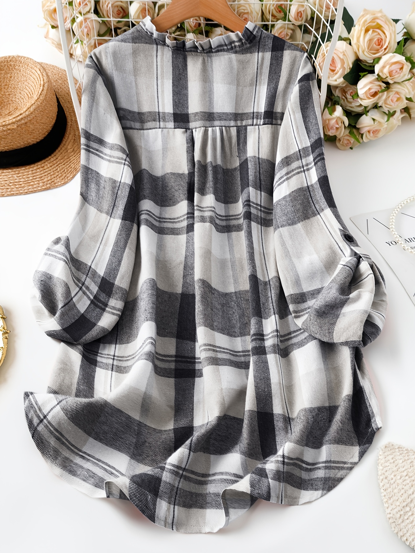 Fashionable Women's Plaid Long-Sleeve Shirt with Roll-Up Cuffs, Elegant Blouse, Women's Top, New Spring Women's Clothing