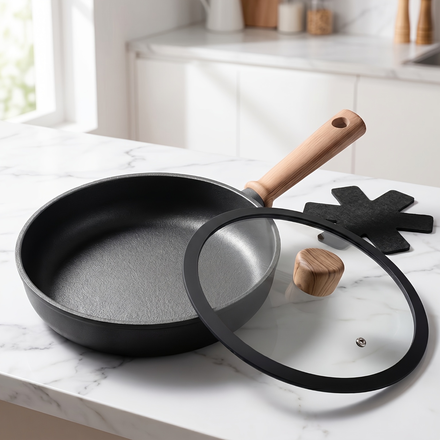 Image of 3pcs With Lid And Felt, 20cm Household Wok, Deep Frying Pan, Heat-resistant Handle, Compatible With For All Stoves, Suitable For Home And Outdoor Camping, Black