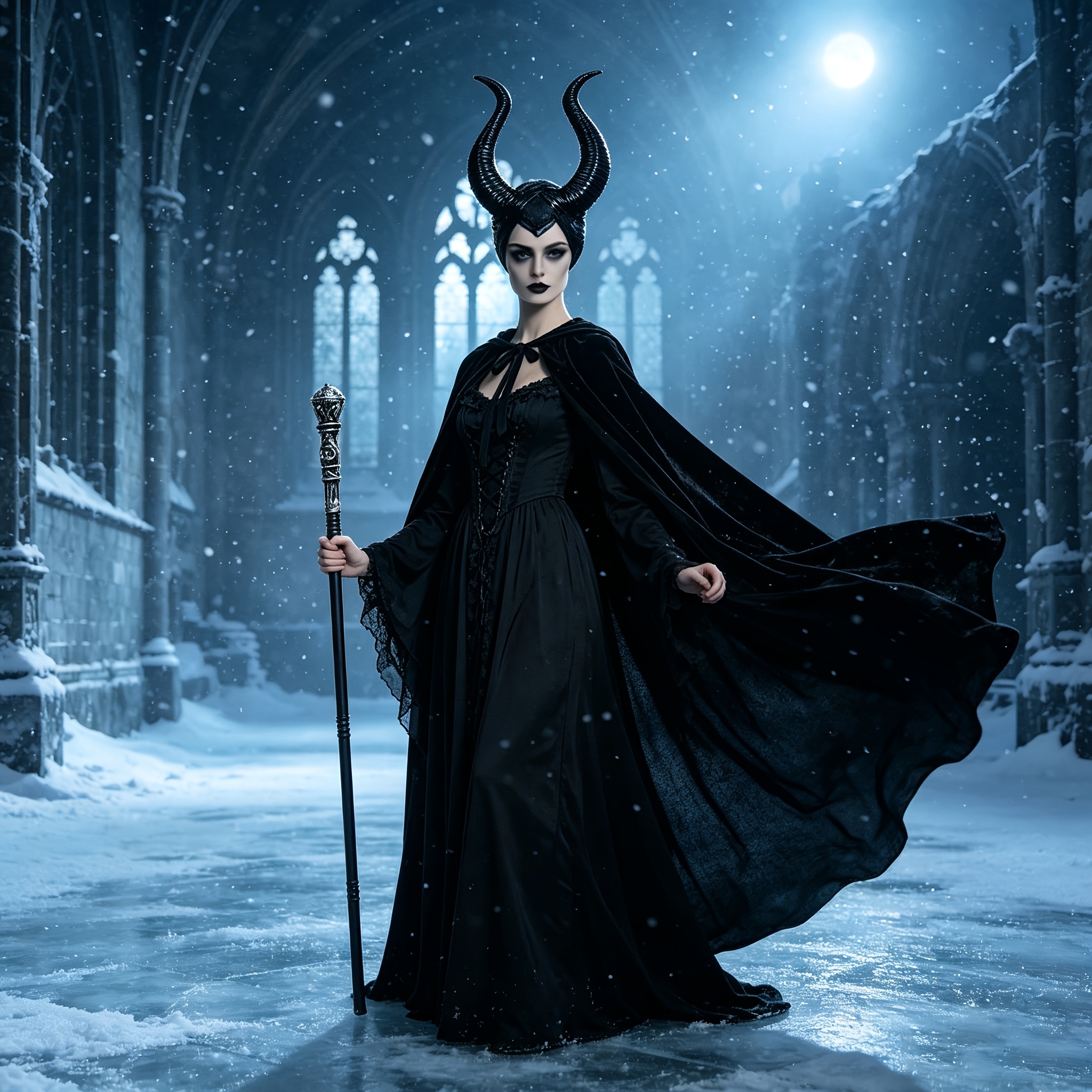 TEMU 3pcs For Halloween Costume Set For Women - Black Velvet Cape Cloak With Horns Headpiece And Staff, Gothic Evil Cosplay Outfit For Halloween