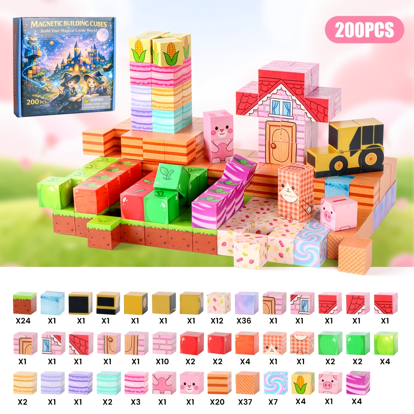 Image of 200pcs Magnetic Building Cubes | Farm Theme Mini Cube Construction Set | Cute Cartoon House Animal Vehicle Fruit Blocks | Stem Stacking Toy | Sensory Toys | Christmas Birthday Easter Thanksgiving Gift