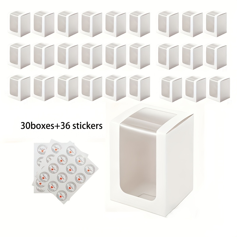 E-shop 30 Stück Geschenkboxen mit 36 Stück Aufklebern, Weiße Geschenkboxen mit Fenster, Verpackungsboxen für 8oz, 9oz, 10oz Flachbodenbecher,