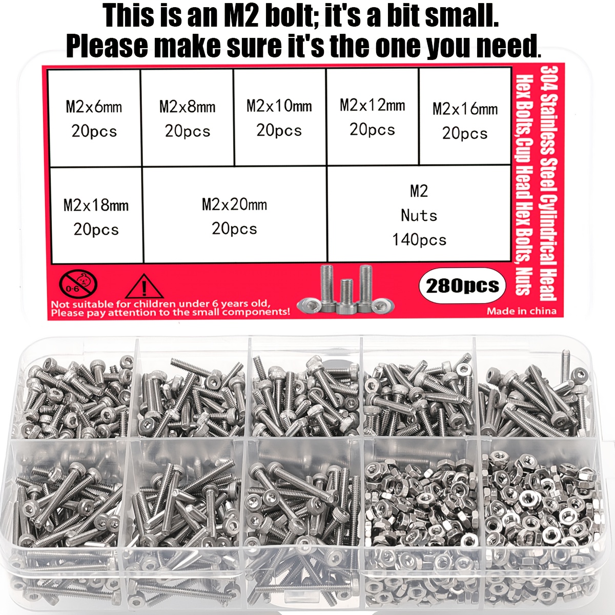 TEMU Ensemble de 280 vis à tête et écrous M2, en acier inoxydable 304, comprenant 7 tailles (M2X6/8/10/12/16/18/20mm), idéal pour la réparation de