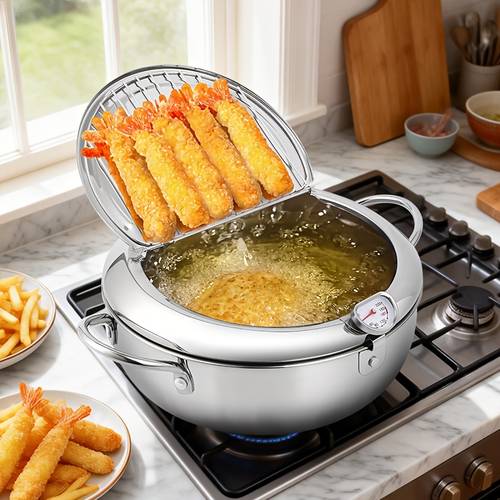 Stainless Steel Deep Frying Pot with Thermometer & Drain Lid, Safe & Convenient Home Fryer, No Mess, No , Induction Cooker, Great for Fried Induction Stoves, for Shrimp, Fries, , Home Kitchen Gadgets