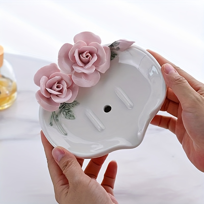 TEMU Ceramic Hand- Rose Flower Soap Dish For Home Use, Bathroom Sink Soap Holder, Soap Dish, Soap Holder