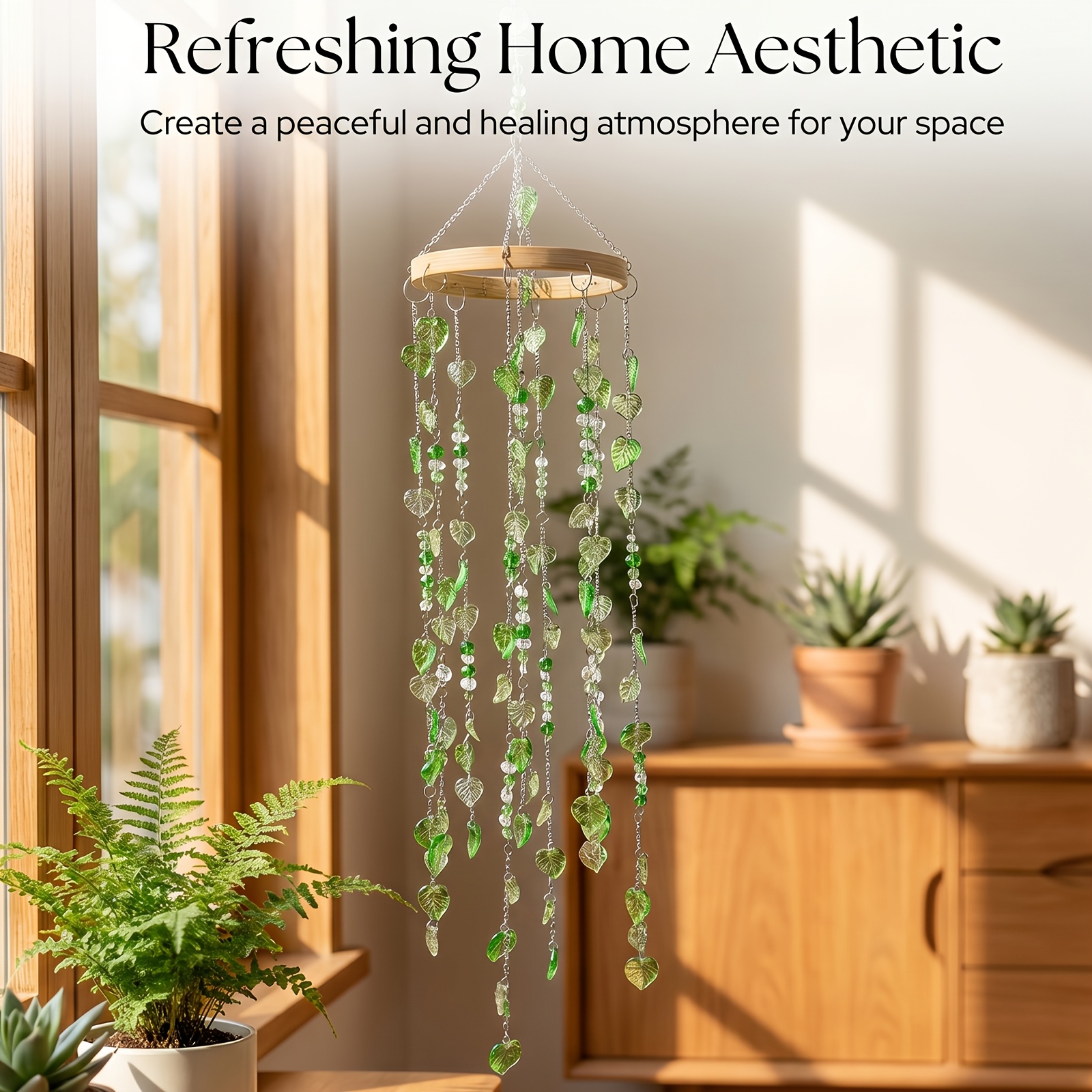 TEMU Handmade Green Leaf Heart-shaped Crystal Bead Light Catcher Wind Chime Bohemian Style Holiday Hanging Decoration Green Leaf Heart-shaped Bead
