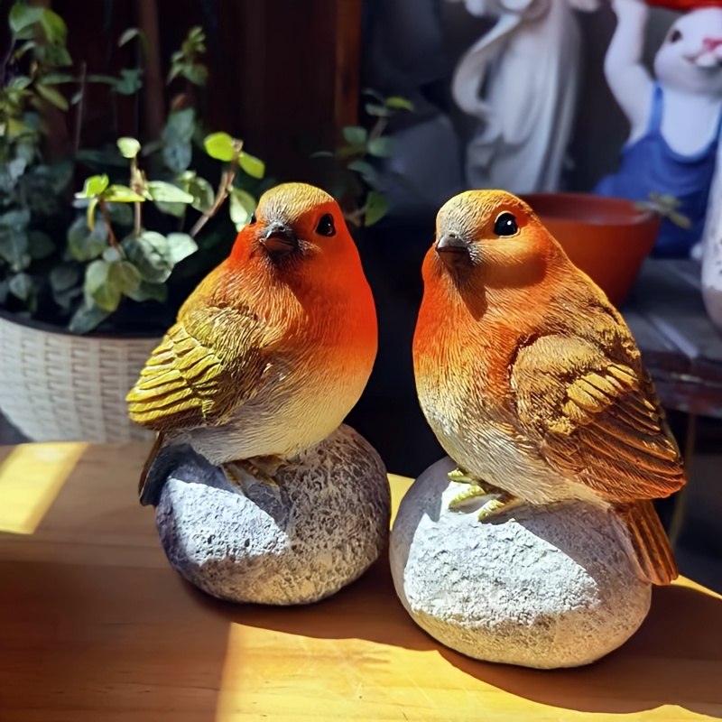 Image of 2pcs 2 Robins Perched On A Stone Resin Outdoor Statue, Yard Lawn Decoration, Suitable For Balcony, Garden, Courtyard Scenery, Garden Ornament, Resin , Outdoor Lawn Arrangement