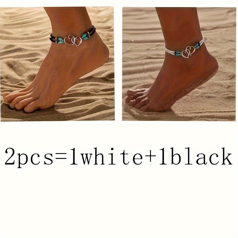 

1black+1white Double Hollow Out Love Heart Beaded Anklet Set With Mini Seed Beads Elegant Boho Style Elastic Ankle Bracelet