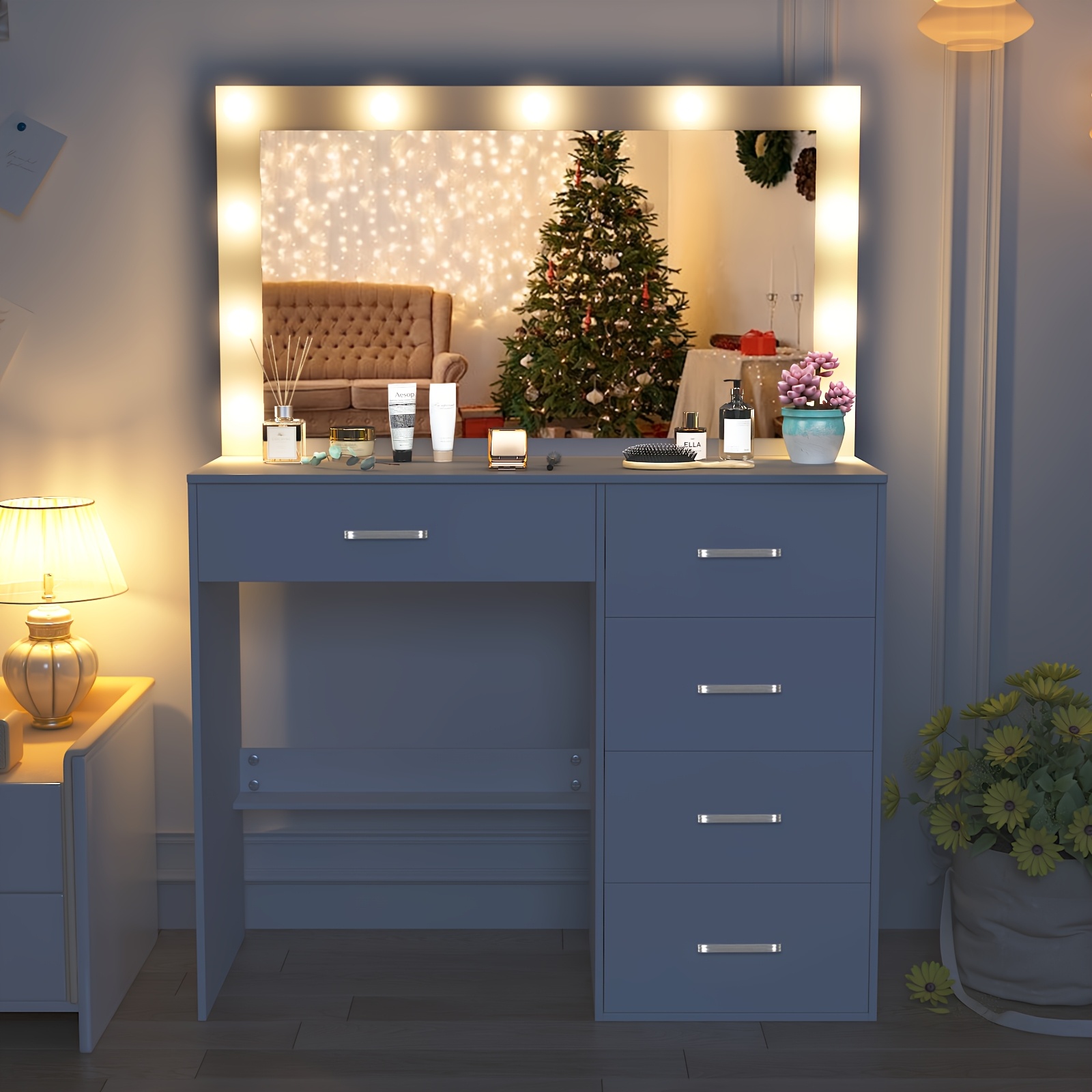 5 Drawers Vanity Table With Large Mirror With Led Lights 11 Bulbs