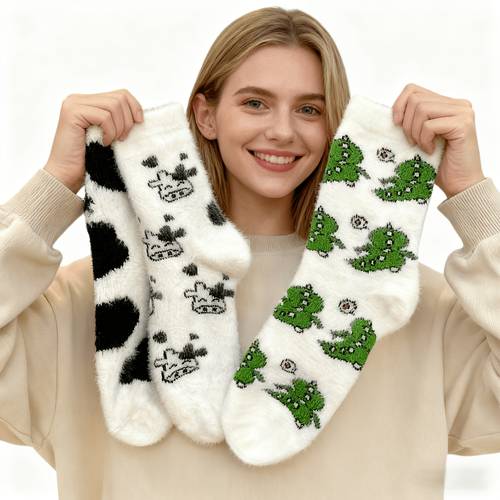 of non shedding warm plush socks soft and cute cow and little dinosaur patterns durable and fade resistant suitable for home bedroom floor socks random colors