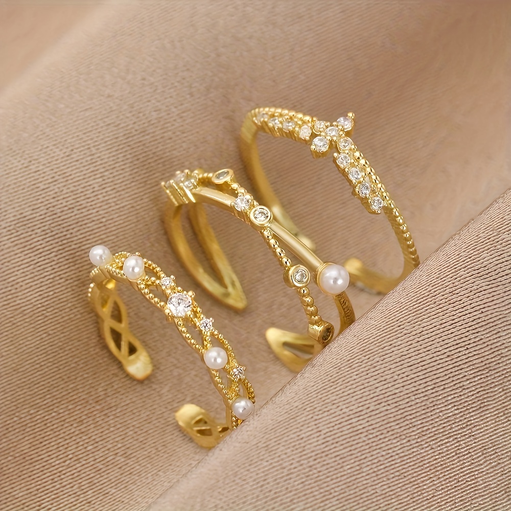 E-shop 3-teiliges minimalistisches, modisches Eingelassenes Synthetisches Zirkonia Offenes Ring Set, geeignet für den täglichen Damenstil