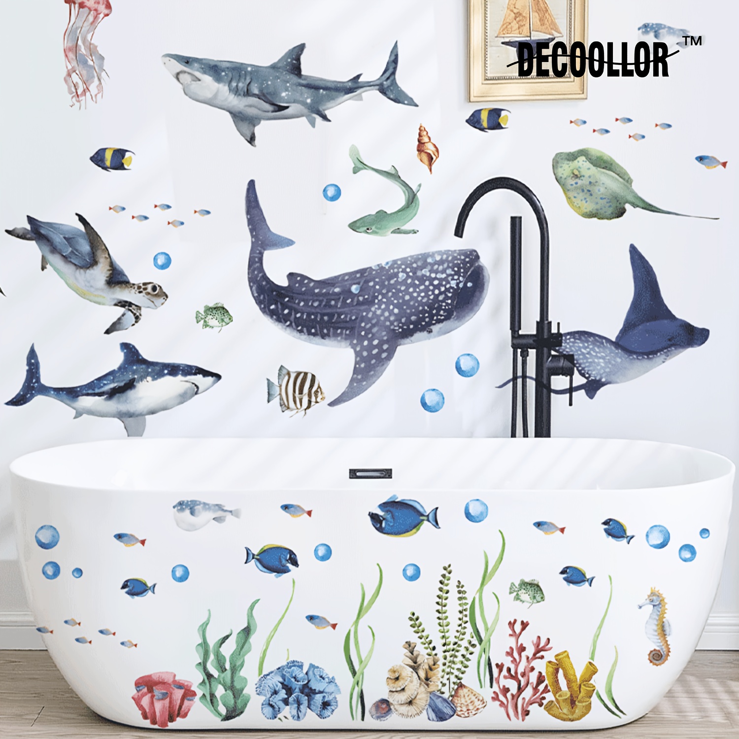 2pcs Large Watercolor Sharks Wall Decals Ocean Animal Peel And Stick Wall Sticker Bathtub Decals Under The Life Theme Decals Home Decor Party Supply