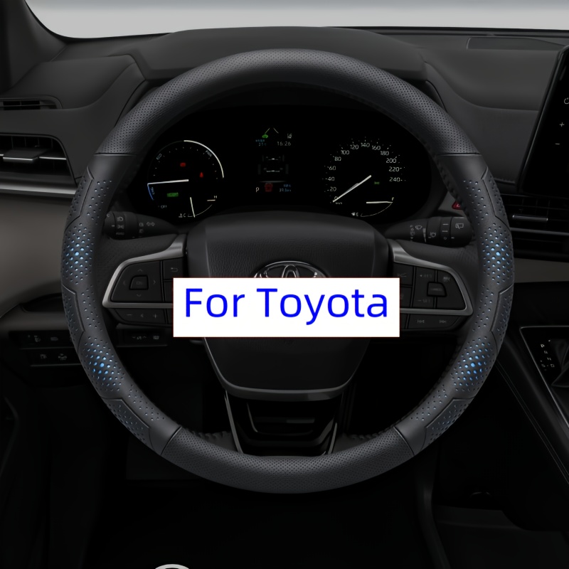 high quality pu leather steering wheel covers for toyota models breathable fashionable and durable round and d shaped   in   black blue black white   black and red size 38cm 14 96 inches 0