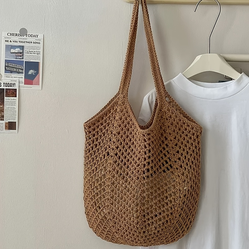 TEMU 1pc Women's Handmade Crochet Beach Tote Bag, Mesh Shoulder Handbag, Large Capacity Vacation Travel Bag, Summer Casual Shopping Bag
