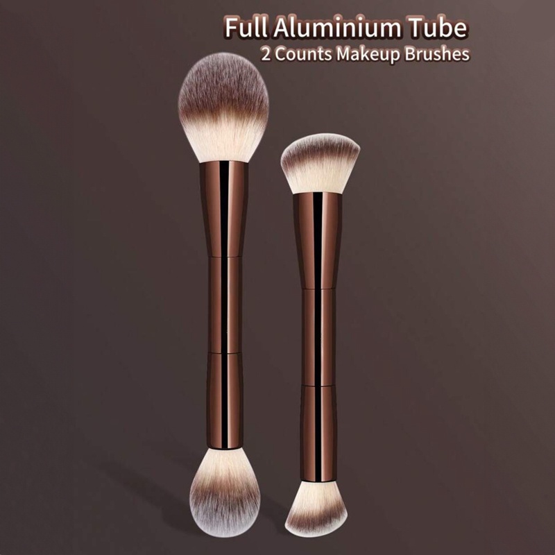 Image of 2pcs Professional Double-ended Face Makeup Brush Set With Tip Powder & Blush Applicator - Soft Nylon Bristles Suitable For Skin Types, Travel-friendly Compact Blush & Powder Brush For -the- Beauty