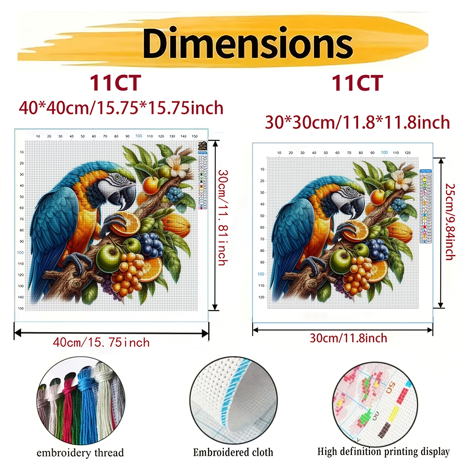 DIY Cross Stitch Print Kit 'Colorful Parrot Perched on Fruit Tree Branch'