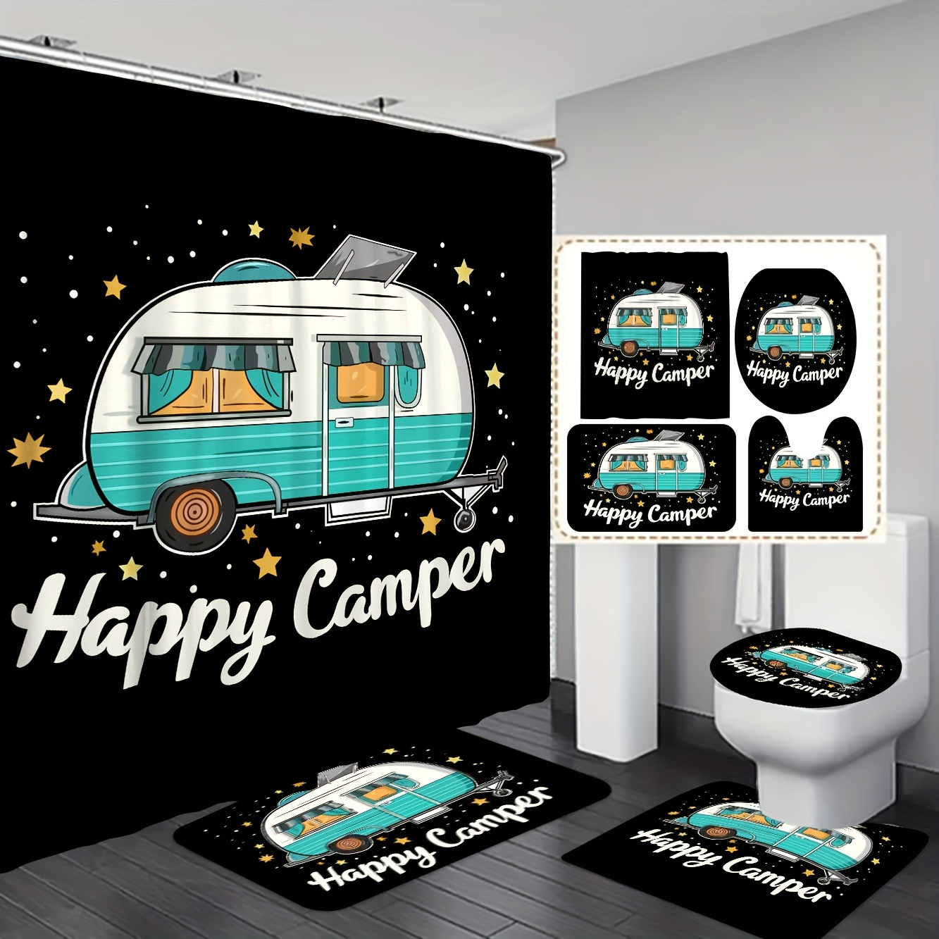 

Rv & Motorhome Shower Curtain Set With Blue Camper Bus Design - Fade-resistant Polyester, Hooks Included - Perfect For Campers And Small Bathrooms - Available In 1pc, 3pcs, Or 4pcs Sets