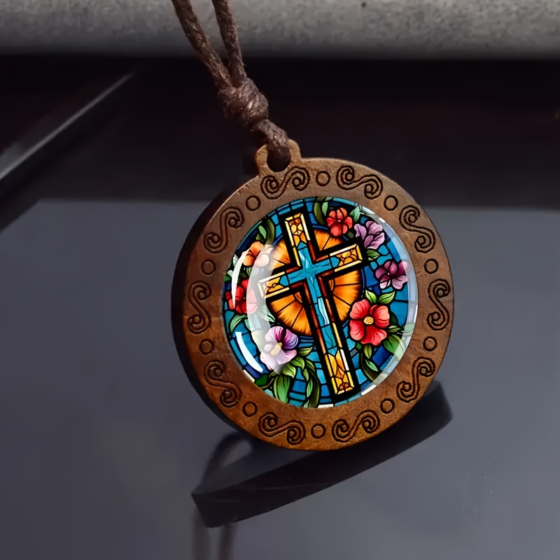 Image of Vintage Bohemian Wooden Glass Pendant Necklace With Motif & Floral Stained Glass Art - Brown Cord For Women, Everyday & Party Jewelry, Mardi Gras Festival Accessories