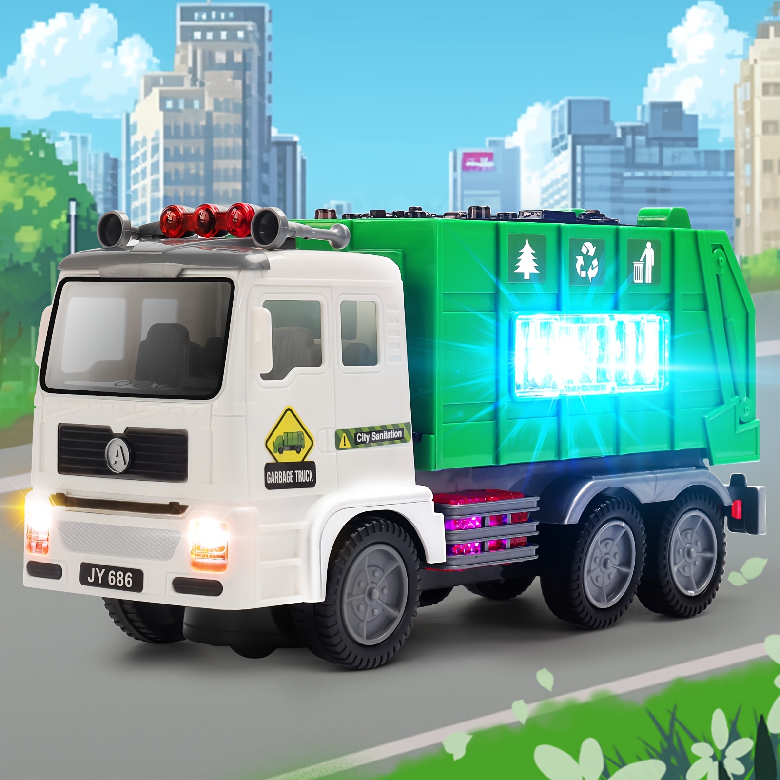 HOT MODEL KIDS TOY SANITARY TRUCK WITH 4D LIGHTS AND SOUNDS - Battery Powered Auto Bump And Go Car - Sanitary Truck Stickers