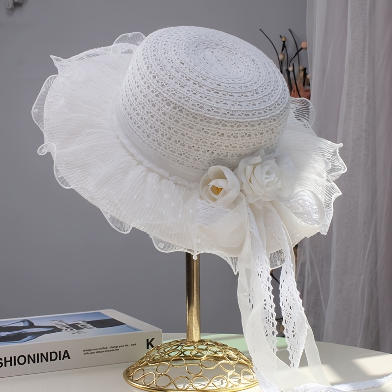 elegant womens wide brim straw hat floral lace bow accents  display picture 2