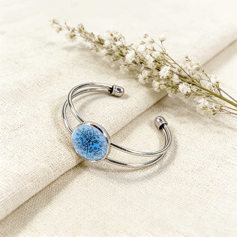 Adjustable Open Bangle with Blue Abstract Pattern