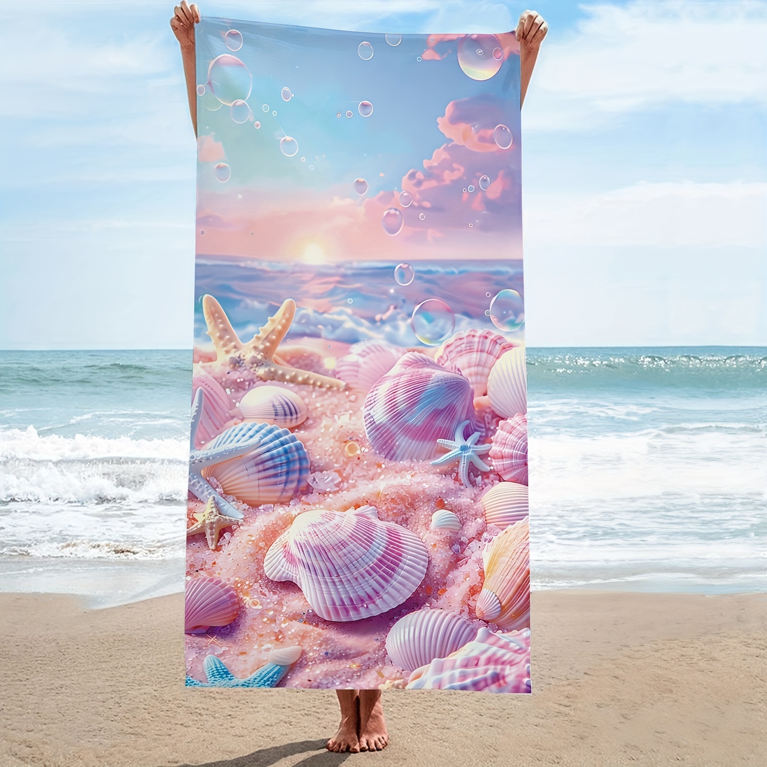 

Une serviette de plage côtière pour filles en microfibre, avec un motif de coquillages, grande et douce, idéale pour la plage. Séchage rapide, résistante au soleil, lavable et absorbante.