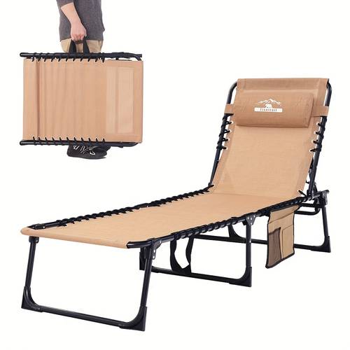 adjustable folding chaise lounge chair with pillow 5 reclining beige fabric cover supports 400lb ideal for patio pool camping sunbathing poolside furniture reclining chair sturdy construction