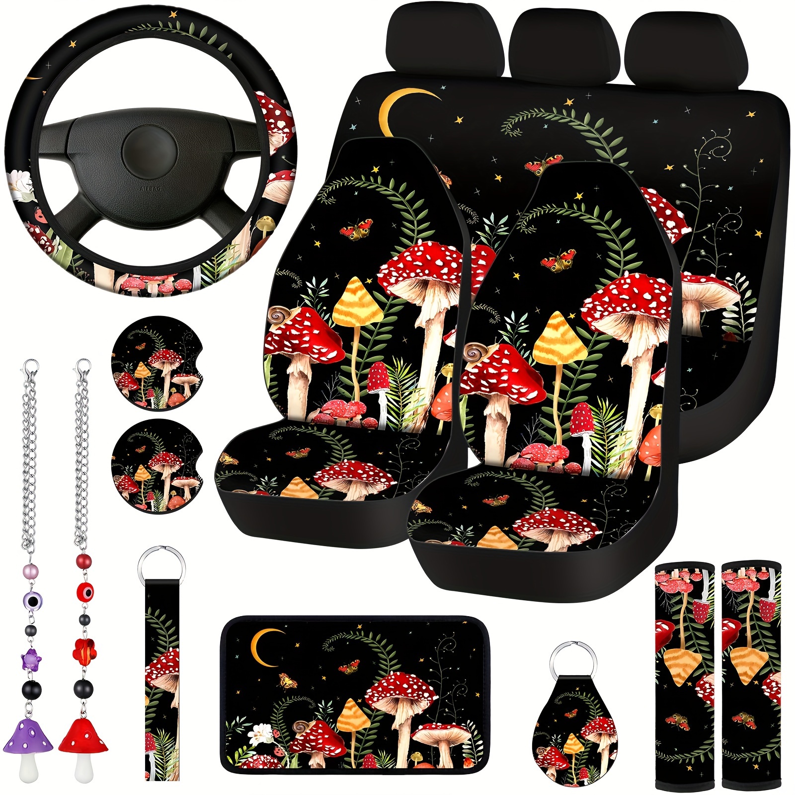 TEMU 17pcs Mushroom-themed Car Seat Cover Set With Epp Foam Padding - , Steering Wheel, Rear/front Seat Protectors & Mirror Hanging Decorations - Mushroom-shaped Auto Accessories (for )