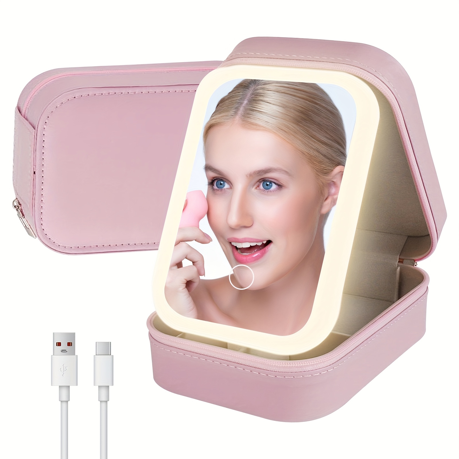 TEMU Travel Makeup Bag With Led Mirror, Cosmetic Train Case With Light Up Mirror, Portable Makeup Organizer Bag With Adjustable 3 Color Light,