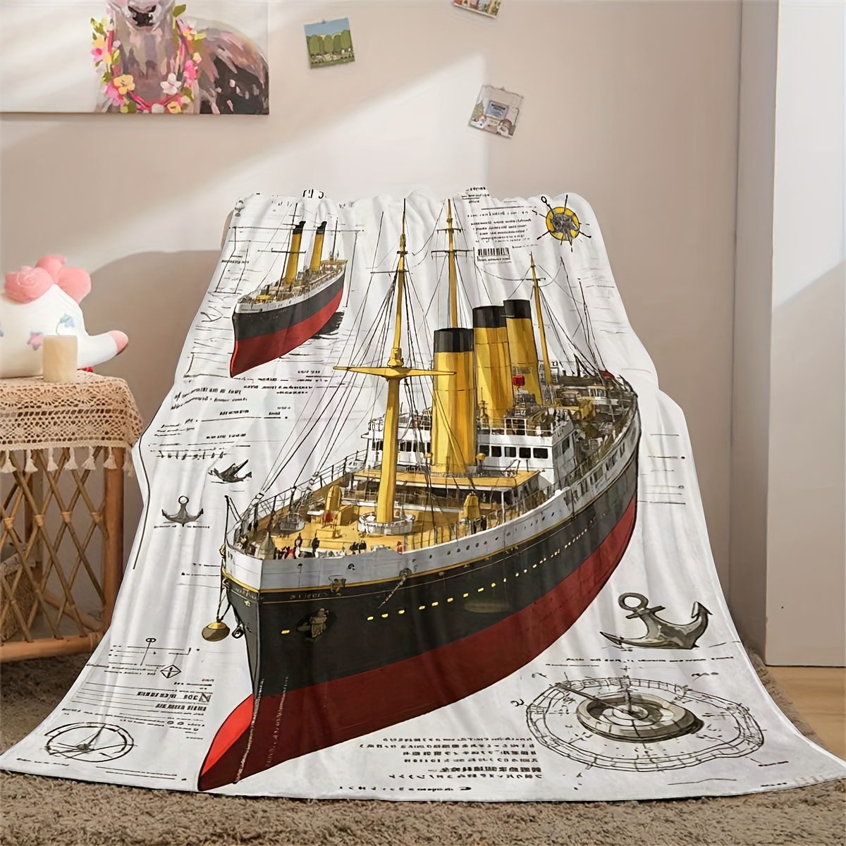 TEMU 1pc Of Cruise Ship Patterned Printed Fleece Blanket, Designed For , Soft Fleece Nap Blanket, Small Throw Blanket, Lightweight Fleece Throw And