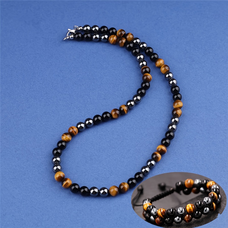 TEMU 2 Pieces/set, 8mm Imitation Natural Stone Necklace And Men's Fashionable Luxury Double-layer Woven Tiger Bead Bracelet - Eye, Black And Hematite, Suitable For Men And Women, Ideal For Gift