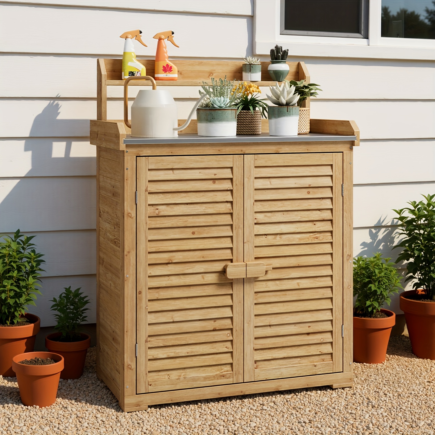 trädgårdsställ i metall med träskiva och hyllor verktygsskåp - Temu Sweden