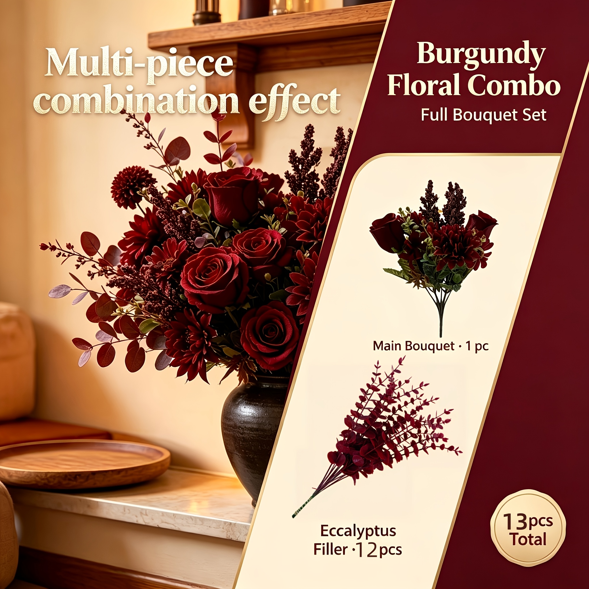 TEMU 13pcs Burgundy Vintage Artificial Floral Arrangement Set, Featuring Roses With Burgundy Eucalyptus Leaves. The Warm, For Halloween Haunted House