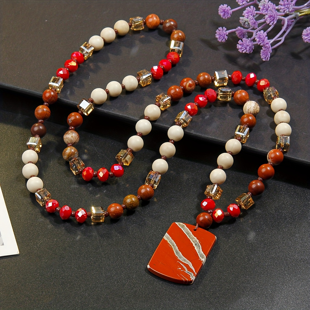 Red Natural Stone Pendant Sweater Chain Necklace