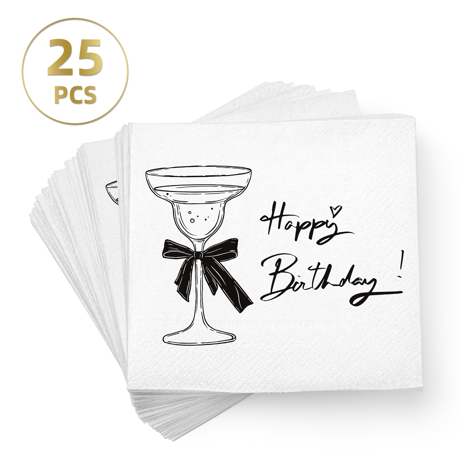 E-shop 25 Stück 3-lagige Einweg Servietten für Geburtstagsweingläser | Schwarzes Schleifen-Weinglas + "Alles Gute zum Geburtstag" handgeschriebenes