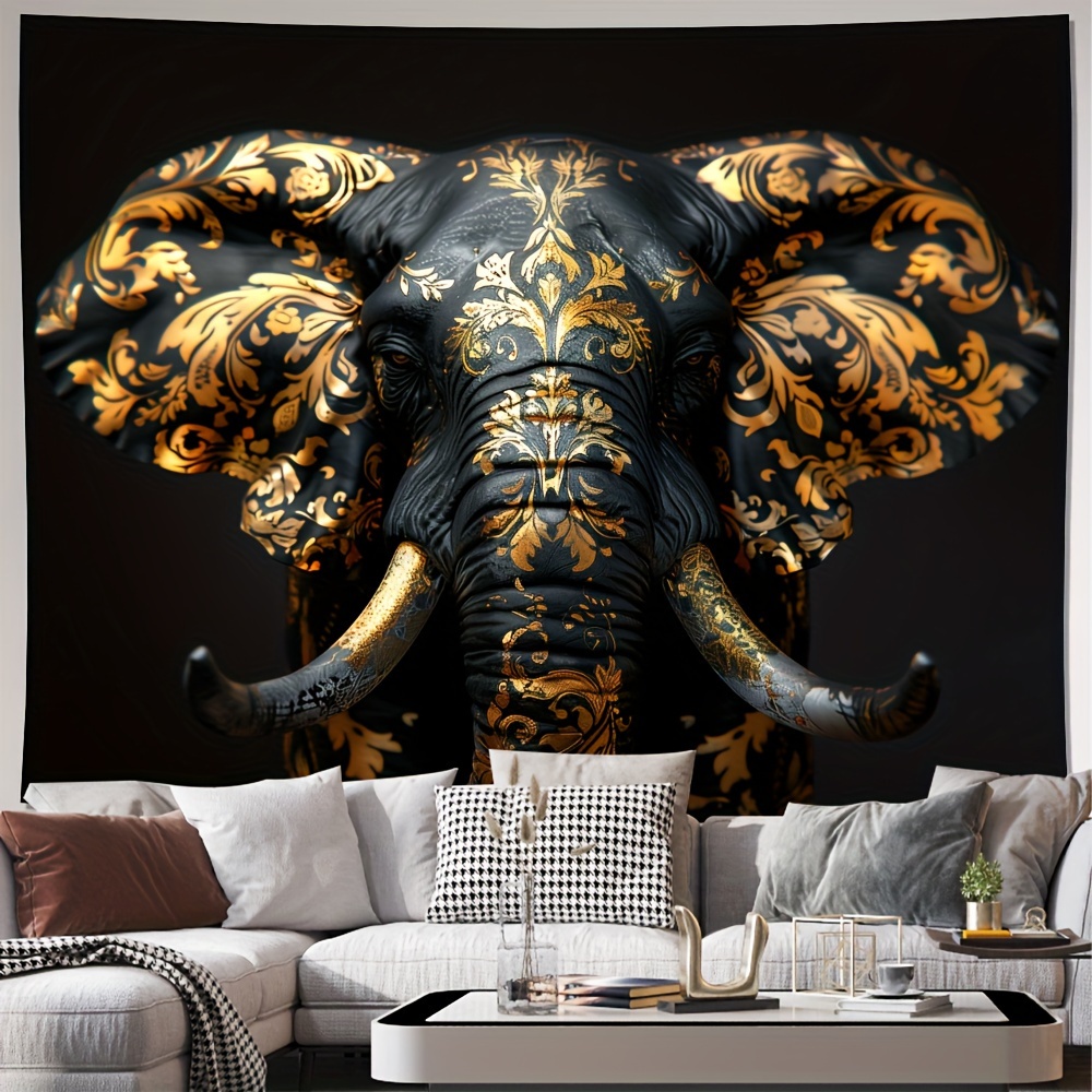 

Vintage Golden-accented Elephant Tapestry - Polyester Wall Hanging Toward Living Room, Bedroom, Office Decor & Party Backdrop With Easy Install Kit Elephant Decor Elephant Home Decor